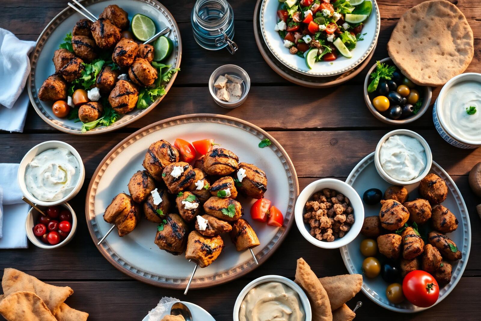 Mediterranean feast with grilled kebabs, salad, hummus and pita